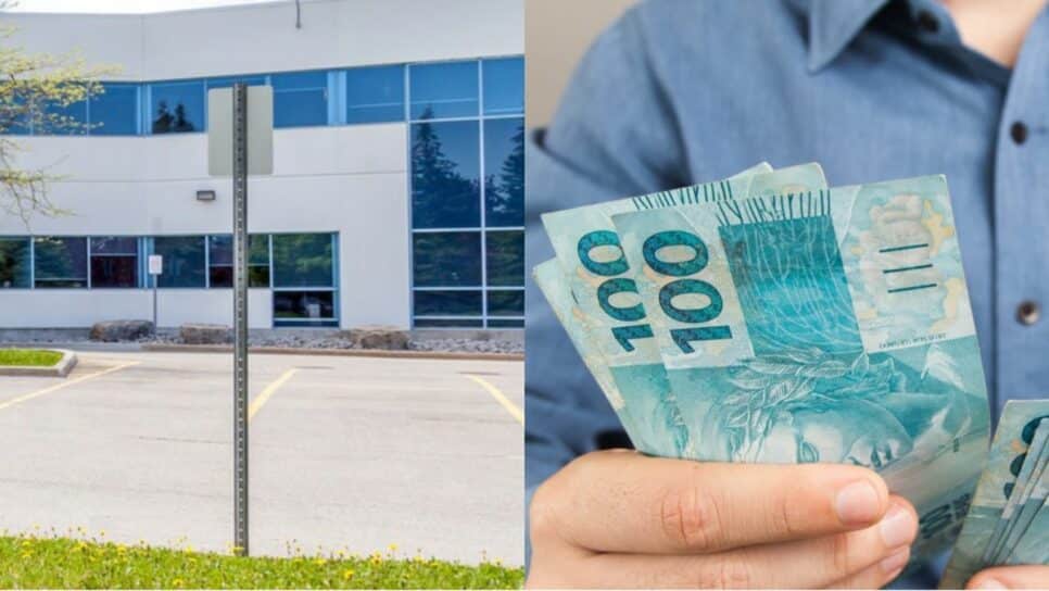Fachada da empresa conceituada e dinheiro na mão de brasileiro
