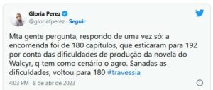 Gloria Perez justificou o motivo de Travessia ter sido encurtada (Foto: Reprodução / Twitter)