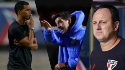 Fernando Lázaro, Abel Ferreira e Rogério Ceni (Fotos: Reprodução/ Cesar Greco/ Ettore Chiereguini/ AFP/ Montagem)