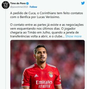 Benfica e Corinthians negociam o passe de Lucas Veríssimo (Foto: Reprodução / Twitter)  