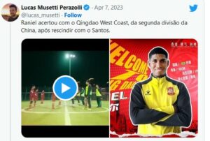 Raniel acertou com o Qingdao West Coast, da segunda divisão da China, após rescindir com o Santos (Foto: Reprodução / Twitter)