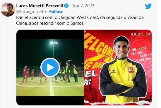 Raniel acertou com o Qingdao West Coast, da segunda divisão da China ...