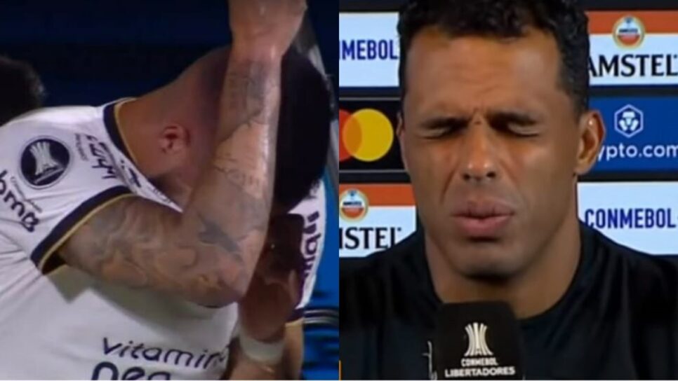 Renato Augusto chorando e Fernando Lázaro em coletiva de imprensa