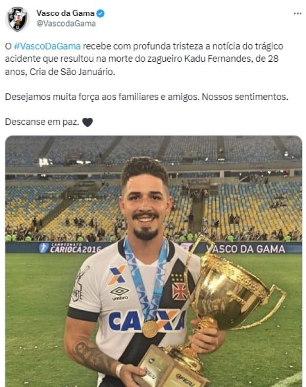 Publicação do Vasco lamentando morte de Kadu Fernandes (Imagem: Reprodução)