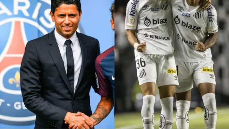 Nasser Al-Khelaifi, o presidente do PSG, e atletas do Santos (Fotos: Reprodução/ Lionel Bonaventure/ AFP/ Santos FC/ Montagem)