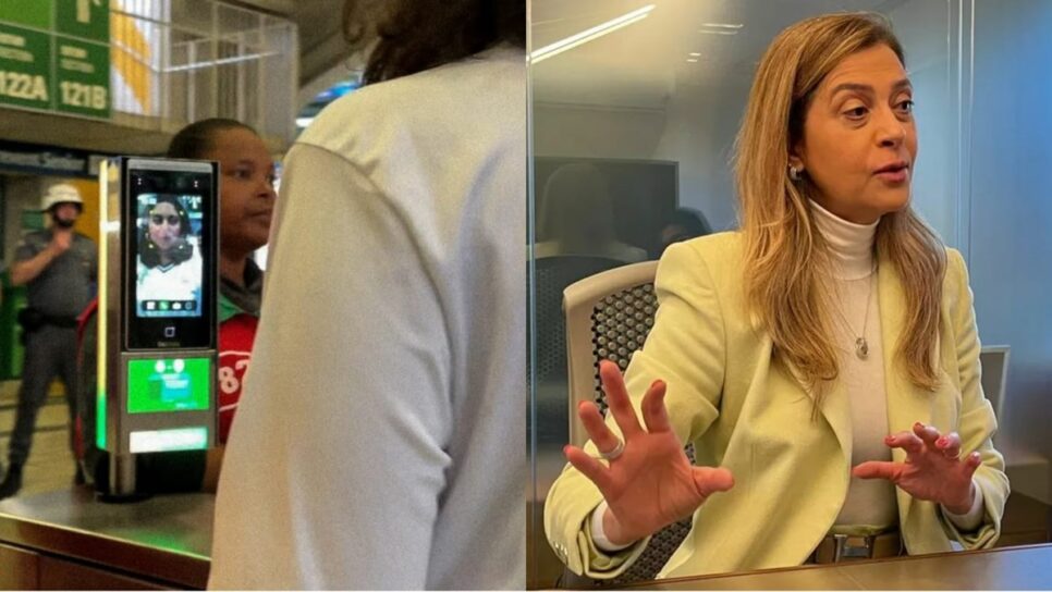 Torcedora acessando acesso ao Allianz Parque por Biometria Facial e a presidente Leila Pereira (Fotos: Reprodução/ Palmeiras/ Emilio Botta/ GE/ Montagem)