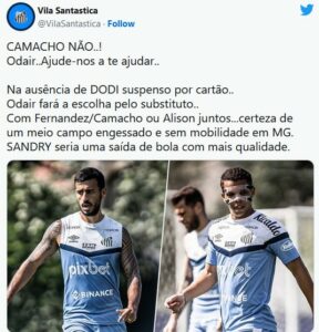 Técnico do Santos foi criticado por apostar em Camacho (Foto: Reprodução / Twitter)