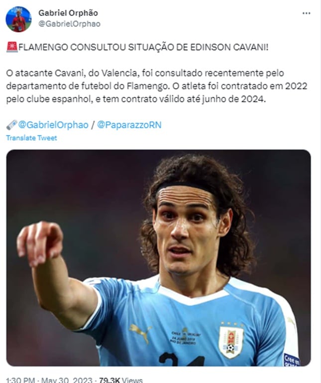 Jornalista garante sondagem do Flamengo a Cavani, do Valencia (Foto: Reprodução/ Twitter)