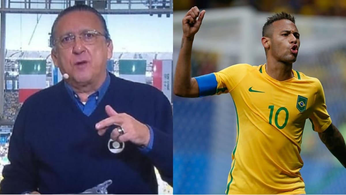 Galvão Bueno, na época que criticou Neymar ao vivo na Globo, durante as Olimpíadas de 2016 do RJ (Fotos: Reprodução/ TV Globo/ Getty Images/ Montagem)