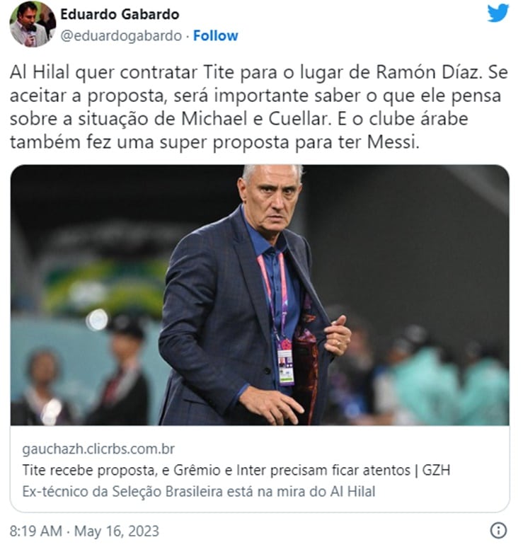 Jornalista traz notícia quente do técnico que recusou o Corinthians (Foto: Reprodução/ Twitter)