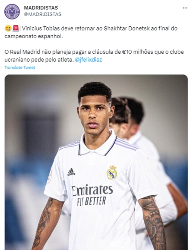 Notícia sobre futuro de jogador brasileiro no Real Madrid é divulgada na imprensa (Foto: Reprodução/ Twitter)