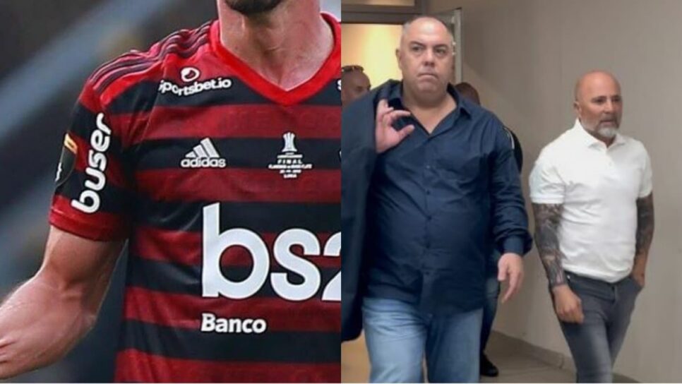 Defensor do Flamengo; presidente Marcos Braz e técnico Jorge Sampaoli (Fotos: Reprodução/ Instagram/ Montagem)
