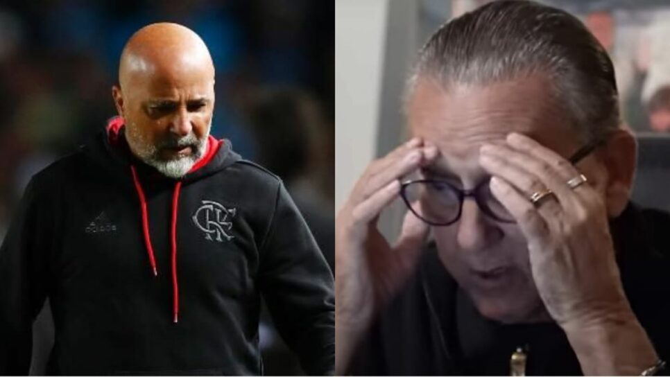 Jorge Sampaoli, do Flamengo, e o jornalista e apresentador, Galvão Bueno