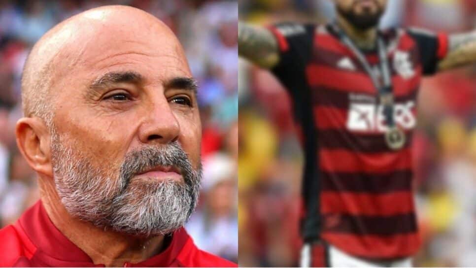 Jorge Sampaoli e jogador do Flamengo (Foto: Reprodução/ Fran Santiago/ Getty Images/ Montagem)