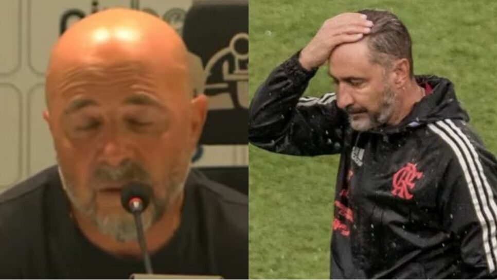 Jorge Sampaoli em coletiva e ex-técnico do Flamengo, Vítor Pereira (Foto: Reprodução/ FlaTV/ Maga Jr; Ag Esquadrar/ O Globo/ Montagem)