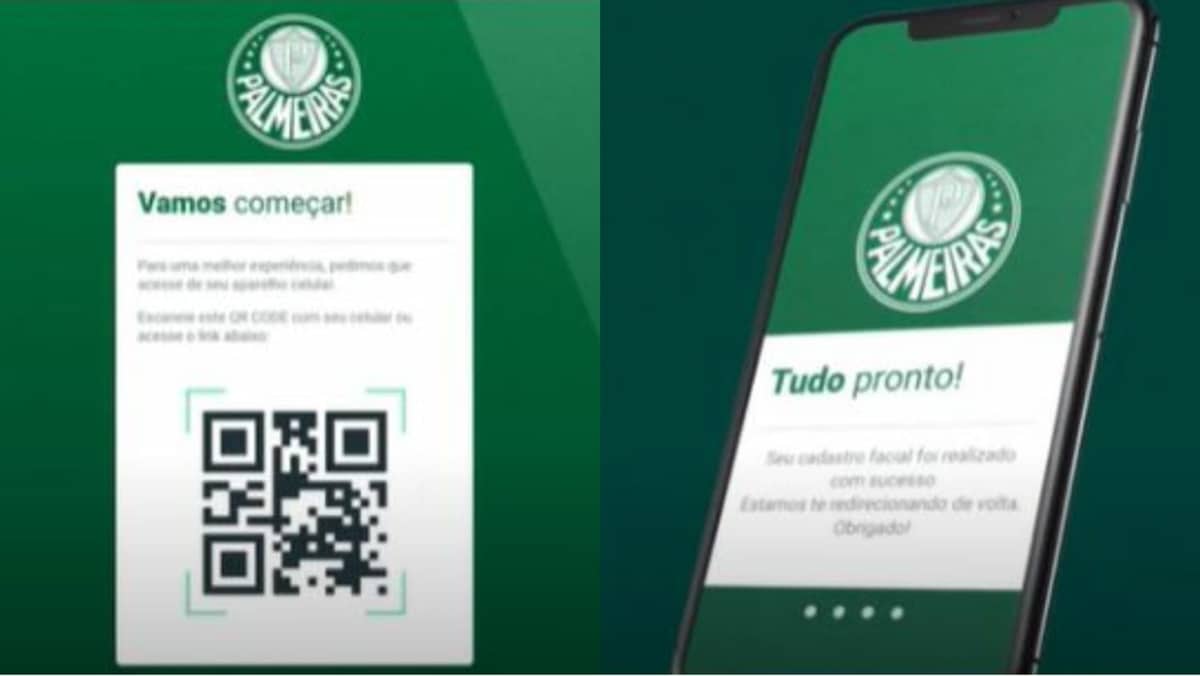 Tutorial de como fazer o reconhecimento facial de ingresso; ação é contra o cambismo (Fotos: Rerodução/ TV Palmeiras/ Youtube/ Montagem)