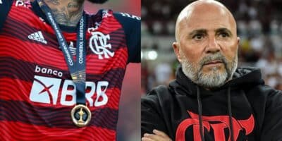 Jogador do Flamengo e o técnico Sampaoli (Imagem Reprodução Internet)