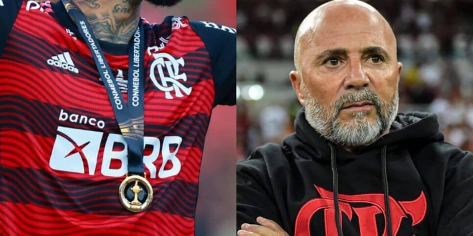 Jogador do Flamengo e o técnico Sampaoli (Imagem Reprodução Internet)