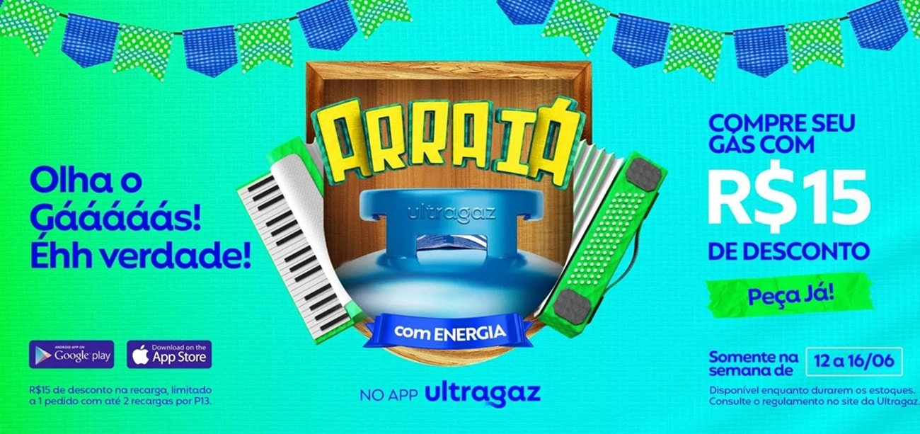 Arraiá com Energia da Ultragaz dá até R$ 15 reais de desconto em compra do botijão pelo aplicativo (Foto: Reprodução/ Divulgação/ Ultragaz)