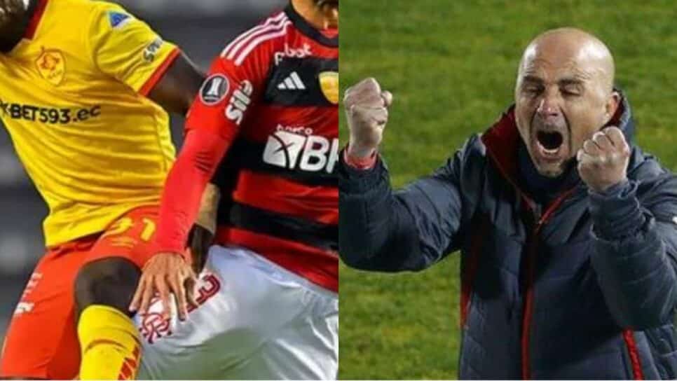 Flamengo e Aucas pela Libertadores e o técnico Sampaoli (Fotos: Reprodução/ Reuters/ Montagem)
