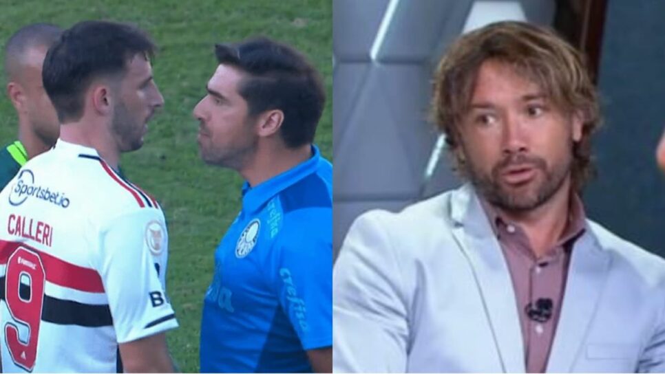 Calleri e Abel discutindo em campo; Diego Lugano não gostou (Fotos: Reprodução/ Premiere/ ESPN/ Montagem)