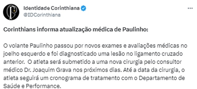 Corinthians divulga para imprensa nota atual sobre saúde de Paulinho (Foto: Reprodução/ Twitter)