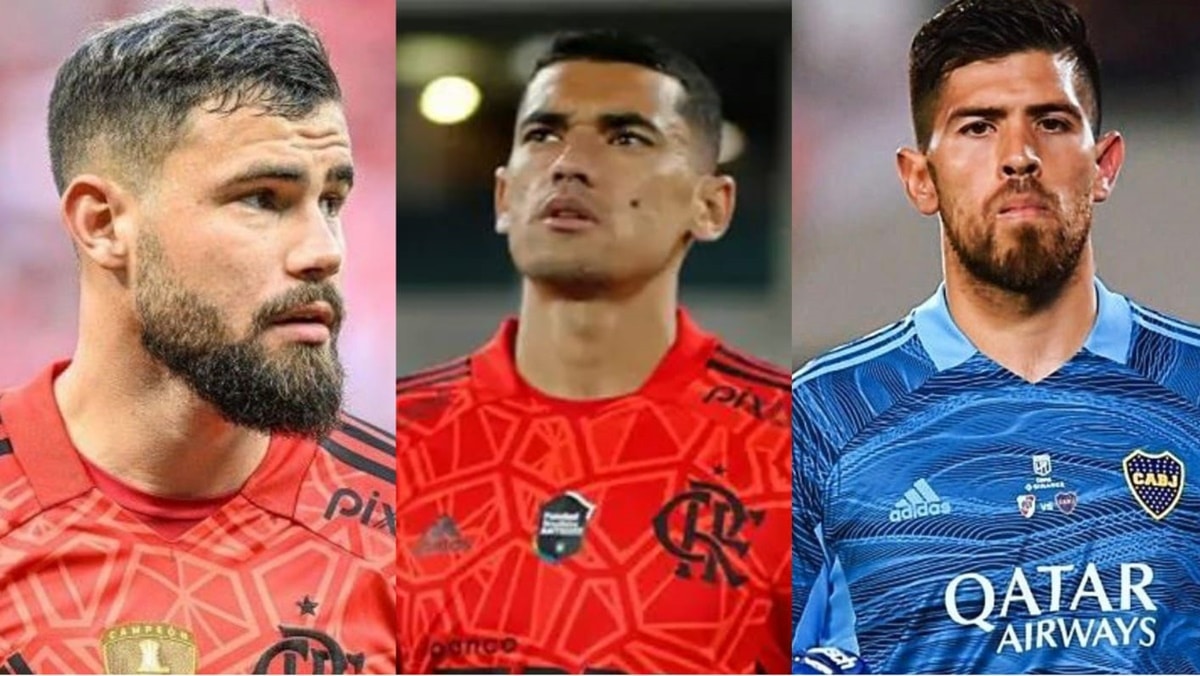 Os goleiros do CRF: Matheus Cunha, Santos e o novo contratado, Agustín Rossi (Fotos: Reprodução/ Marcelo Cortes/ Gilvan de Souza/ Flamengo/ Getty Images/ Montagem)