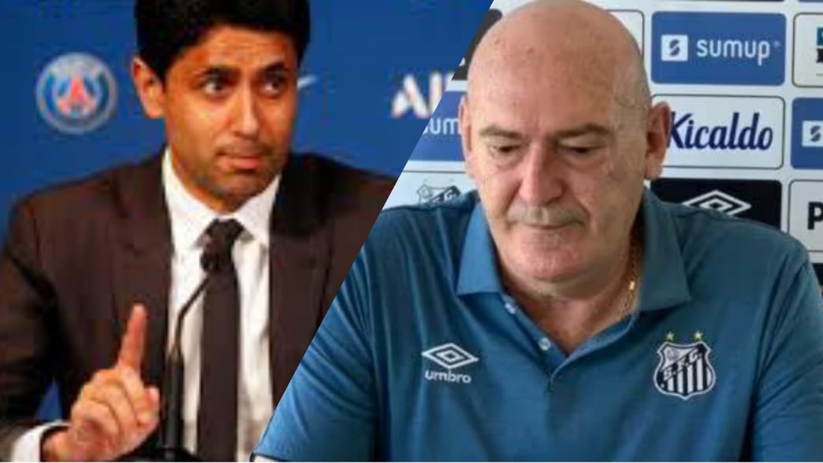 Nasser Al-Khelaifi, um dos donos do PSG e Andrés Rueda, presidente do Santos (Fotos: Reprodução/ Getty Images/ Divulgação/ Santos FC/ Montagem)