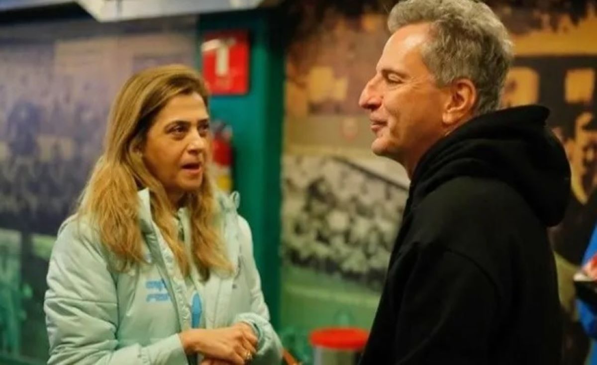 Leila Pereira, presidente do Palmeiras em conversa com Rodolfo Landim, presidente do Flamengo (Foto: Reprodução/ Gilvan de Souza)