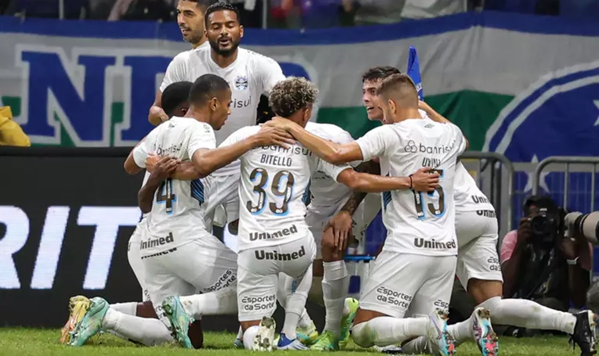 Equipe de jogadores do Grêmio comemorando classificação na Copa do Brasil (Foto: Reprodução/ Gilson Junio/ Agif/ Gazeta Press / Gazeta Press)