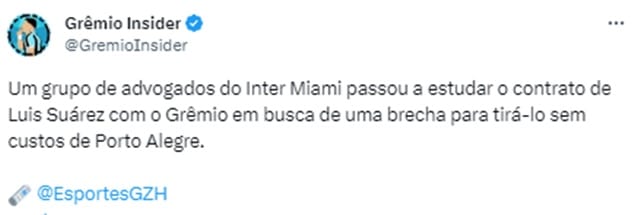 Reviravolta da disputa de Inter Miami e Grêmio por jogador (Foto: Reprodução/ GZH/ Grêmio Insider/ Twitter)