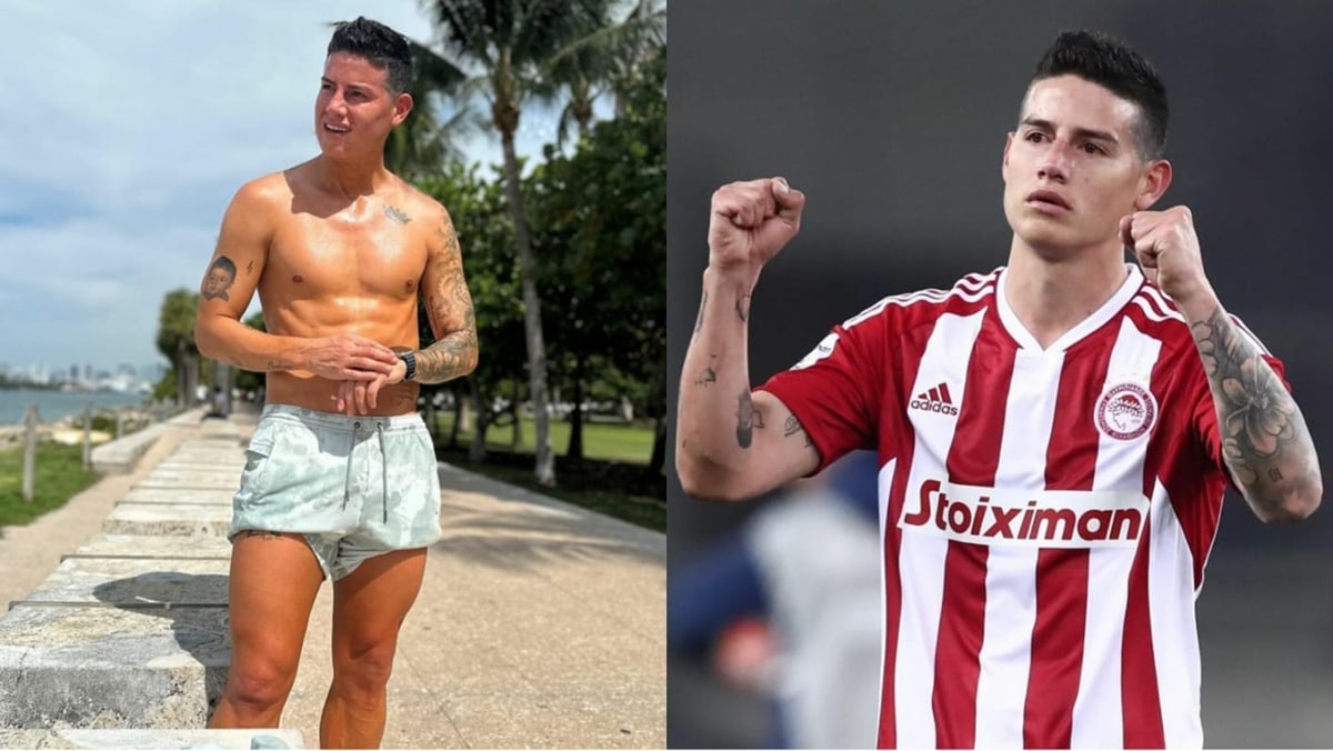 O jogador James Rodríguez longe dos gramados e no seu último clube, o Olympiacos (Fotos: Reprodução/ Instagram/ Montagem)