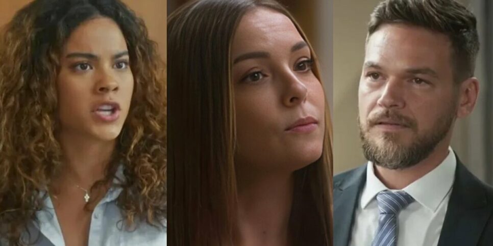 Jenifer, Clara e Theo em cenas de Vai na Fé (Foto: Reprodução / Globo / Montagem HoraDoBenefício)