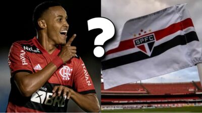 Lázaro Vinícius no Flamengo e dúvida paira sobre contratação no São Paulo (Fotos: Reprodução/ CRF/ SPFC/ Montagem)