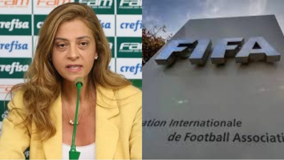 A presidente do Palmeiras, Leila Pereira, e logo da sede da FIFA (Fotos: Reprodução/ Cesar Greco/ SE Palmeiras/ Getty Images/ Montagem)