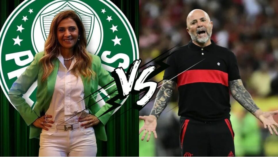 A presidente do Palmeiras, Leila Pereira, e o técnico do Flamengo, Jorge Sampaoli (Fotos: Reprodução/ Instagram/ André Durão/ GE/ Montagem)