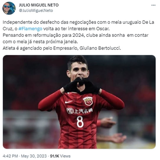 Oscar é apontado como negócio ao Flamengo por jornalista (Foto: Reprodução/ Twitter)