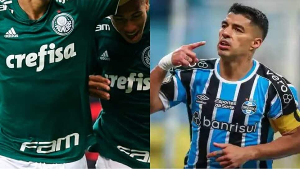 Jogadores do Palmeiras e Luis Suárez, do Grêmio (Fotos: Reprodução/ Lucas Uebel/ Fabio Menotti/ Montagem)