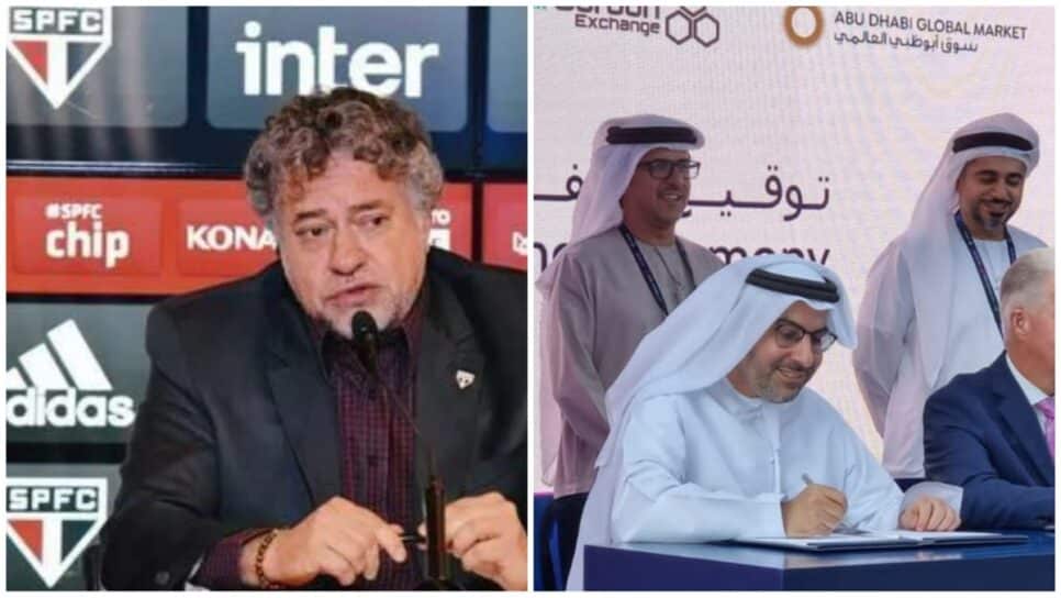 Presidente do São Paulo, Julio Casares, e os árabes do Fundo Mubadala (Fotos: Reprodução/ SPFC/ Getty Images/ Montagem)