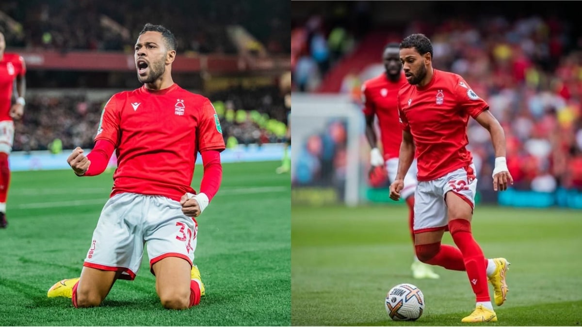 Renan Lodi em sua atuação por empréstimo ao Nottingham Forest, da Inglaterra (Fotos: Reprodução/ Divulgação/ Getty Images/ Montagem)