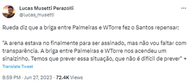 Setorista expõe falas de Rueda, presidente do Santos (Foto: Reprodução/ Twitter)