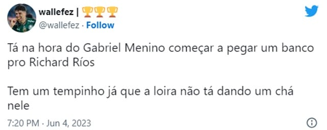 Palmeirense pede substituição de Menino por Richard Ríos (Foto: Reproduç]ão/ Twitter)