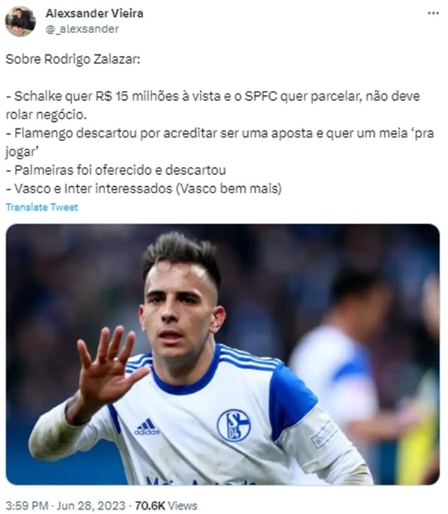 O jornalista Alexsander Vieira divulga negociação entre Vasco e Zalazar (Foto: Reprodução/ Twitter)