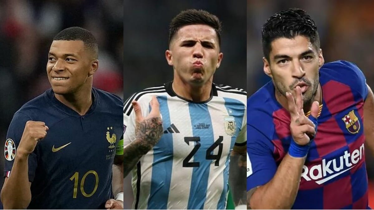 Mbappé, Enzo Fernandez e Luis Suáres tem salários anuais vazados (Fotos: Reprodução/ AFP/ Getty Images/ Montagem)