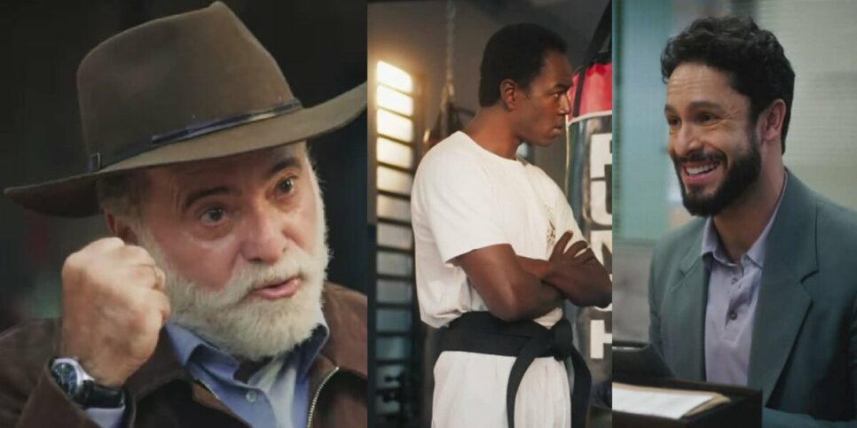 Antônio, Odilon e Luigi em cenas de Terra e Paixão (Foto: Reprodução / Globo / Montagem HoraDoBenefício)