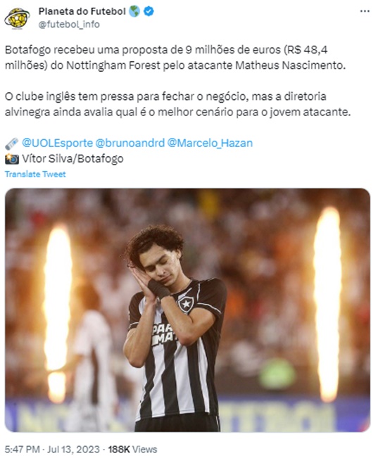 Matheus Nascimento é sondado e tem oferta no Botafogo pelo Nottingham Forest (Foto: Reprodução/ Twitter)