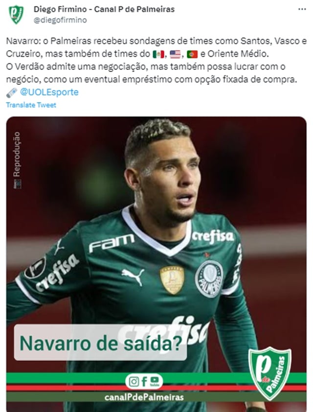 Setorista do Palmeiras expõe centroavante que perdeu espaço na equipe de Abel Ferreira (Foto: Reprodução/ Twitter)