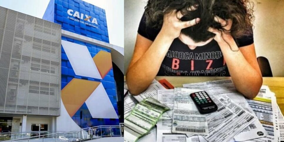 Fachada da Caixa Econômica Federal e mulher endividada (Foto: Reprodução / Internet / Montagem HoraDoBenefício)