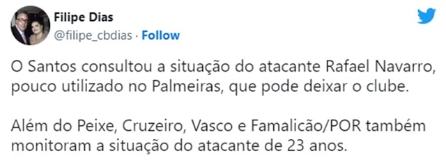 Setorista do Santos divulga possibilidade de contratação de Rafael Navarro (Foto: Reprodução/ Twitter)