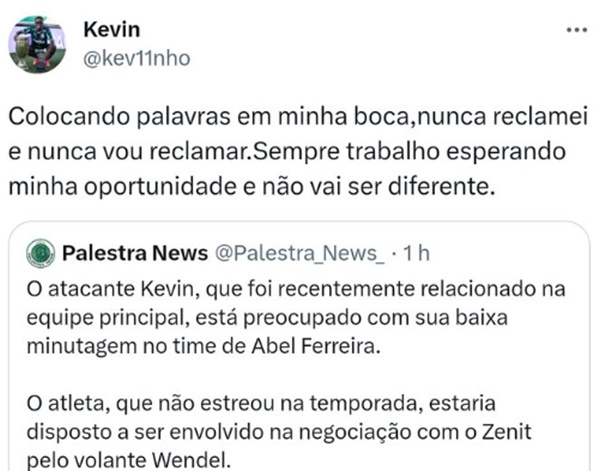 Kevin, do Palmeiras, rebate notícia nas redes sociais (Foto: Reprodução/ Twitter)